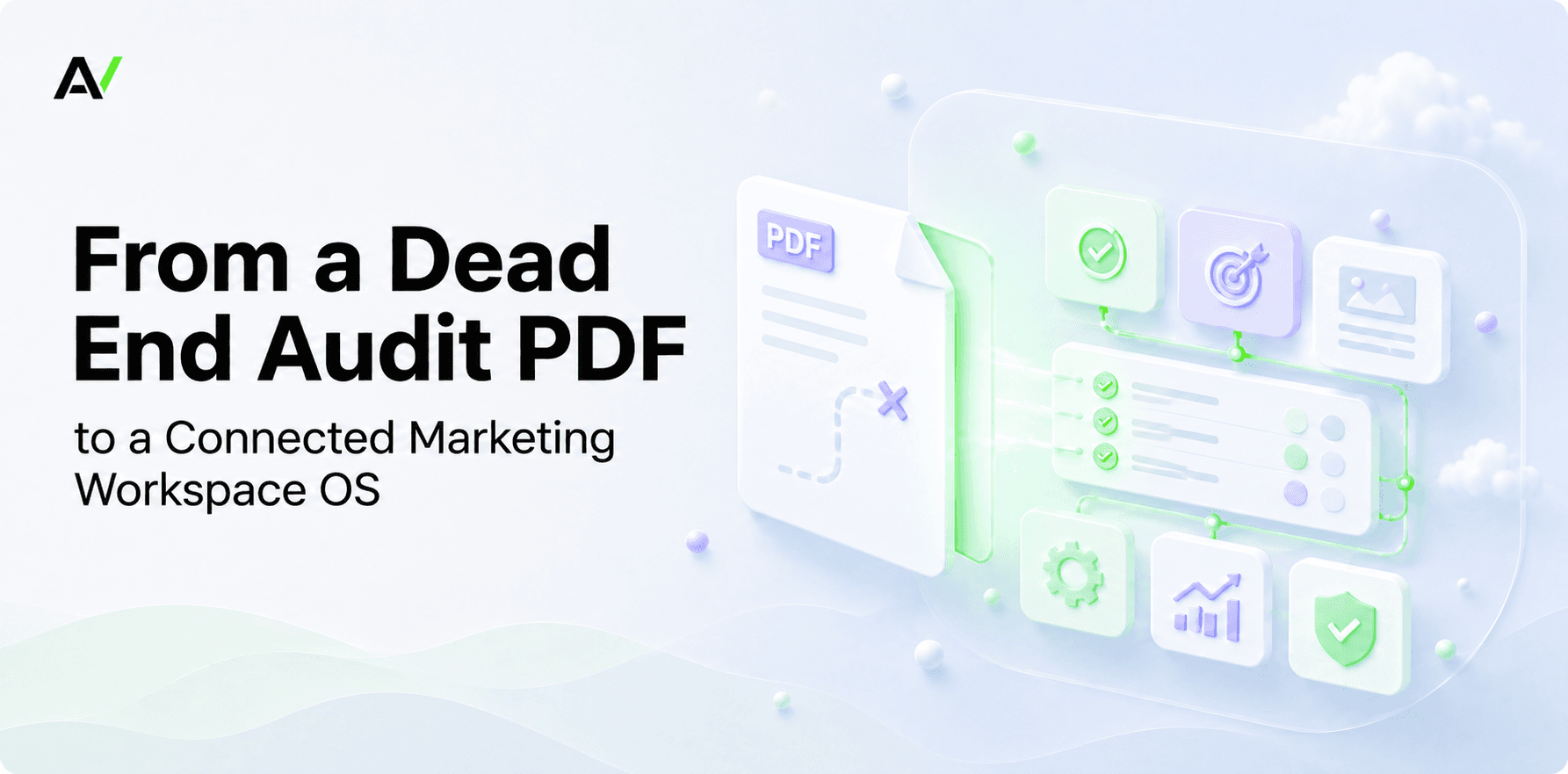 Abstract audit pages becoming connected marketing workflow blocks