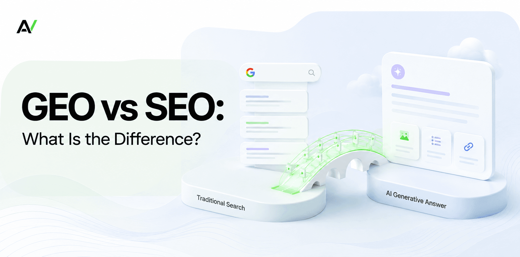 Illustrated hero for comparing GEO and SEO