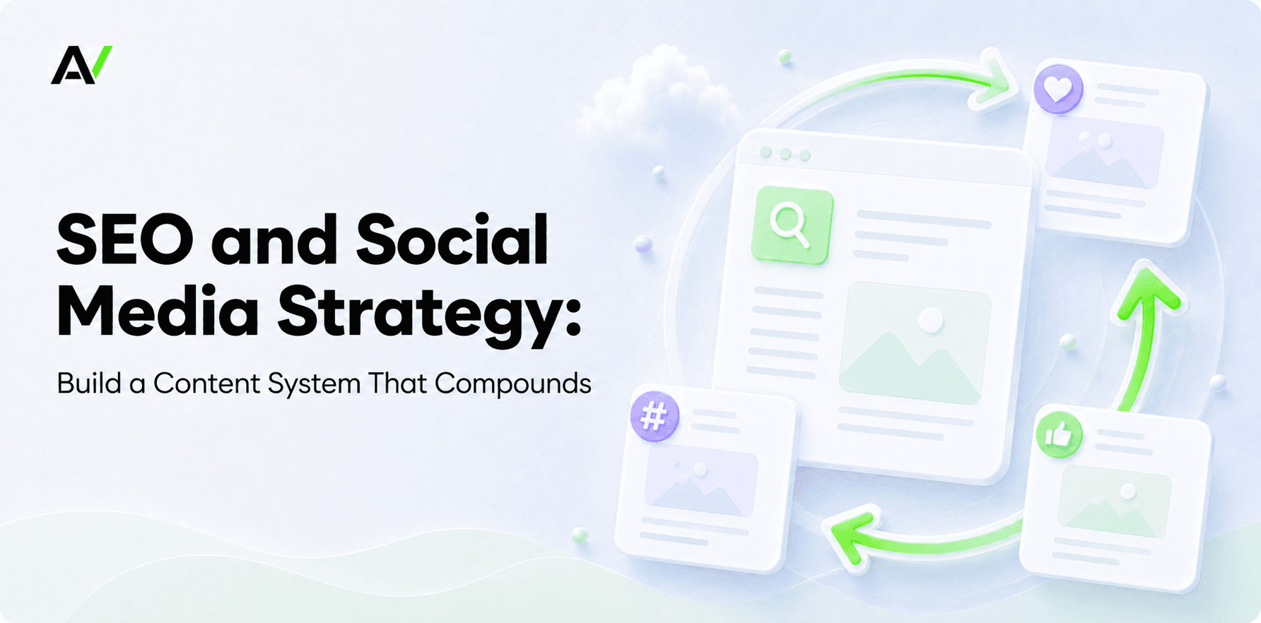 Abstract linked blocks representing a compounding social and SEO loop